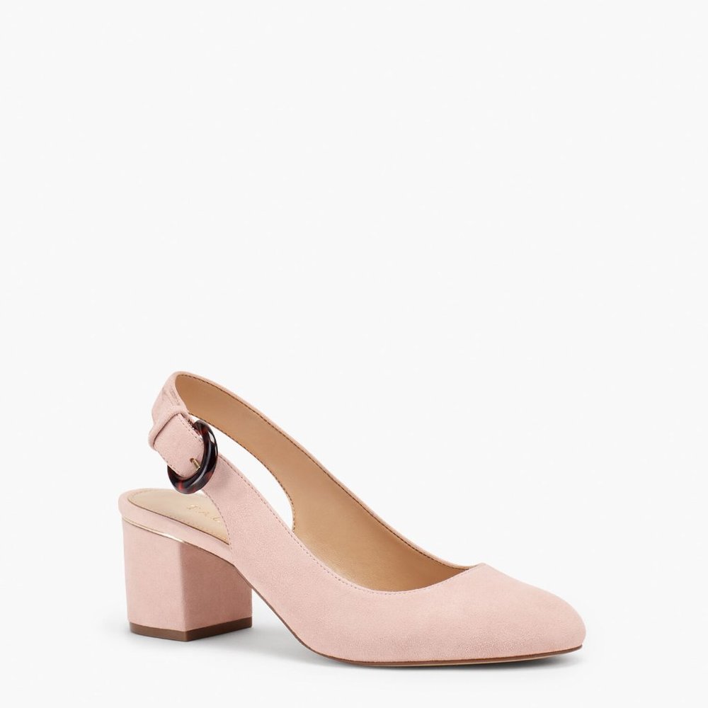 Pink Talbots Suede Tortoise Buckle Block Heel Round-Toe Pumps (NWT)
